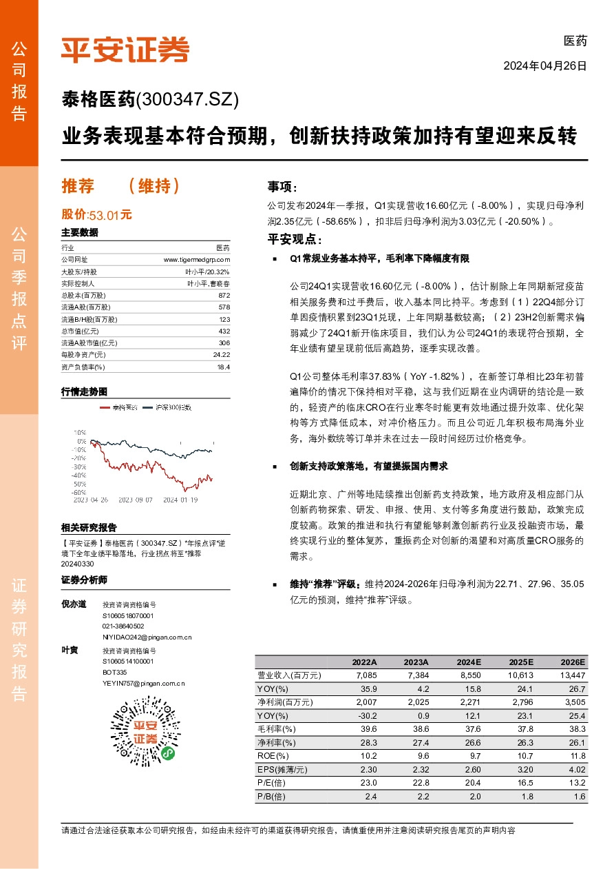 业务表现基本符合预期，创新扶持政策加持有望迎来反转