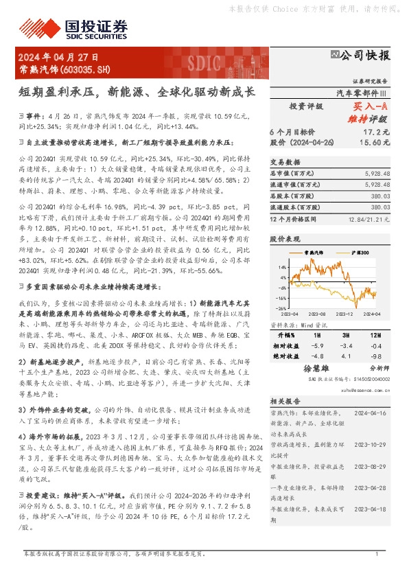 短期盈利承压，新能源、全球化驱动新成长