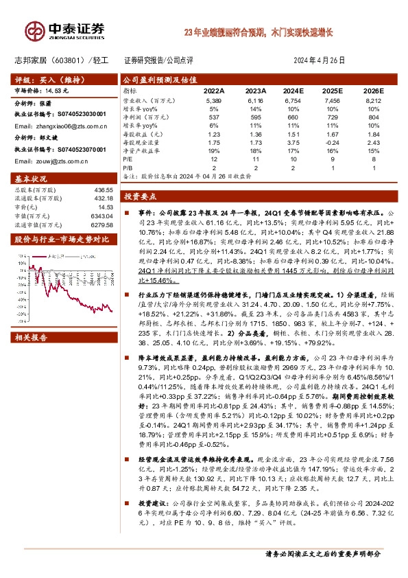 23年业绩靓丽符合预期，木门实现快速增长