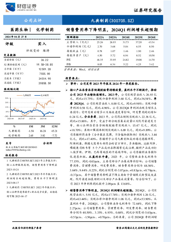 销售费用率下降明显，2024Q1利润增长超预期