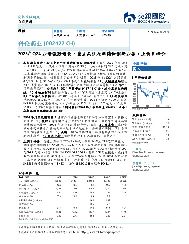 2023/1Q24业绩强劲增长，重点关注原料药和创新业务，上调目标价