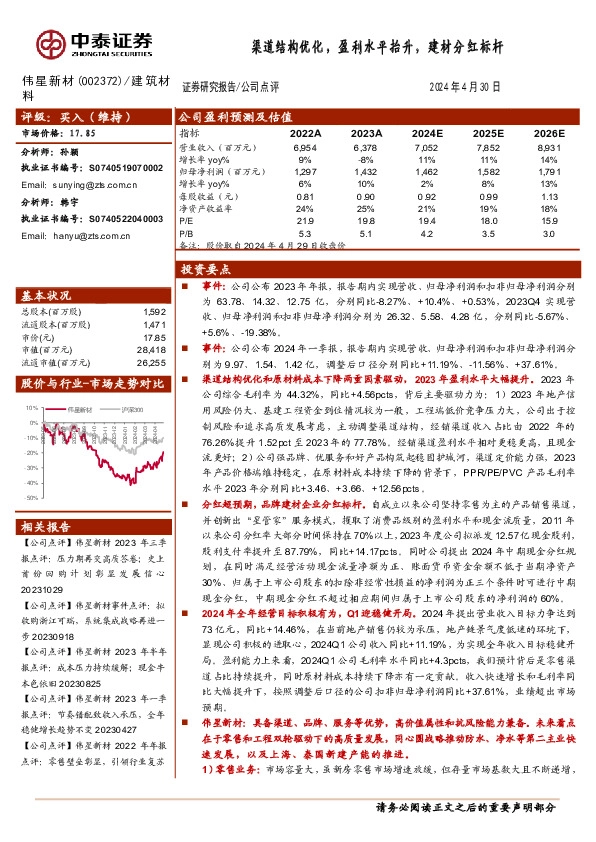 渠道结构优化，盈利水平抬升，建材分红标杆