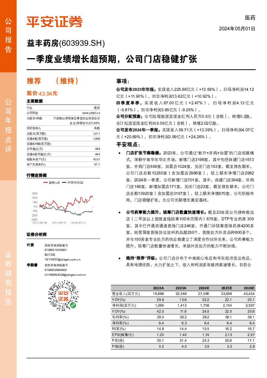一季度业绩增长超预期，公司门店稳健扩张