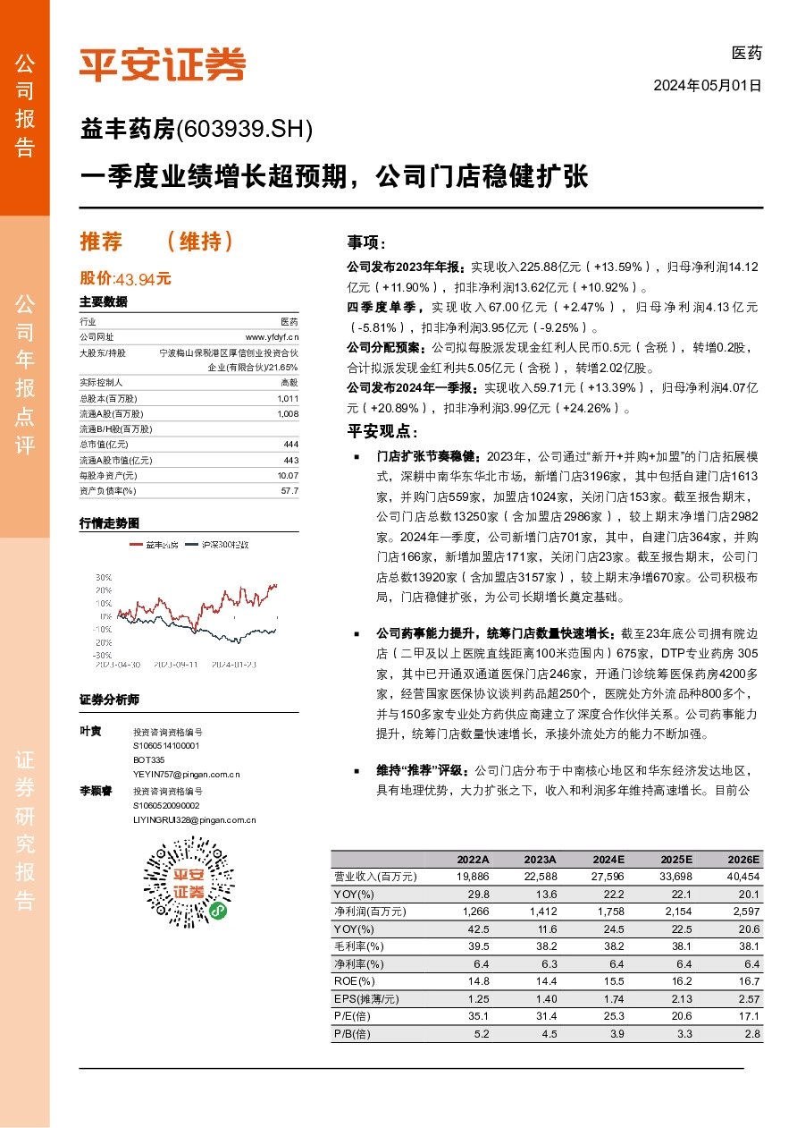 一季度业绩增长超预期，公司门店稳健扩张
