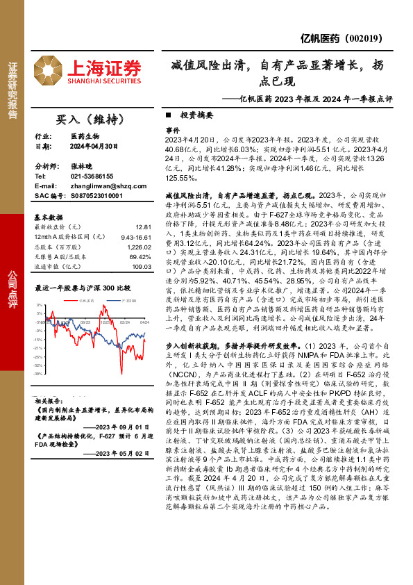 亿帆医药2023年报及2024年一季报点评：减值风险出清，自有产品显著增长，拐点已现