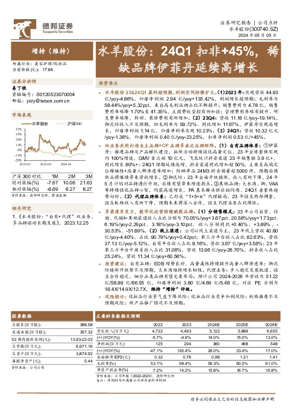 水羊股份：24Q1扣非+45%，稀缺品牌伊菲丹延续高增长