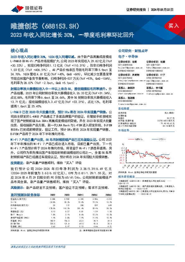 2023年收入同比增长30%，一季度毛利率环比回升