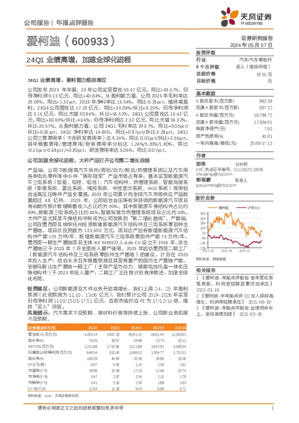 24Q1业绩高增，加速全球化进程
