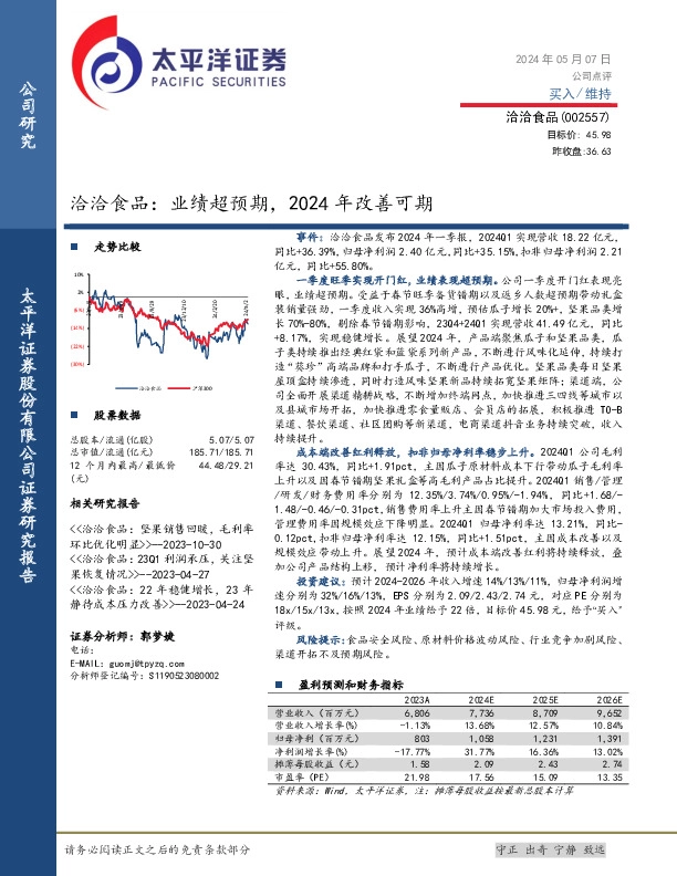 洽洽食品：业绩超预期，2024年改善可期