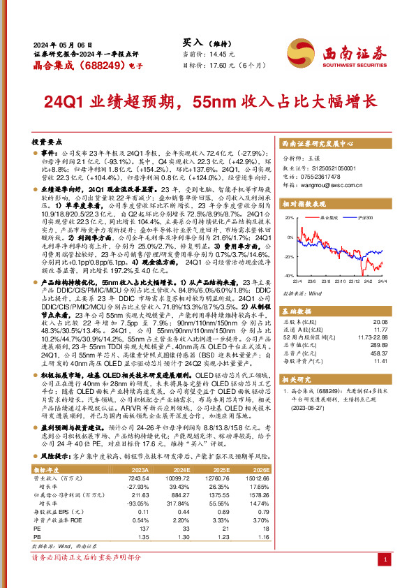 2024年一季报点评：24Q1业绩超预期，55nm收入占比大幅增长