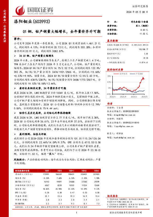 Q1铜、钴产销量大幅增长，全年量价齐升可期