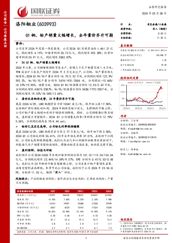 Q1铜、钴产销量大幅增长，全年量价齐升可期