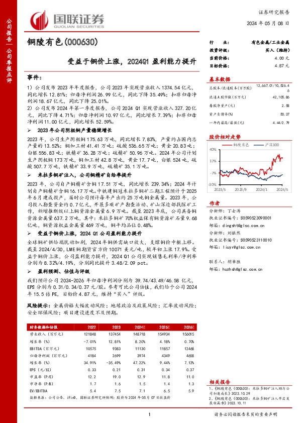 受益于铜价上涨，2024Q1盈利能力提升