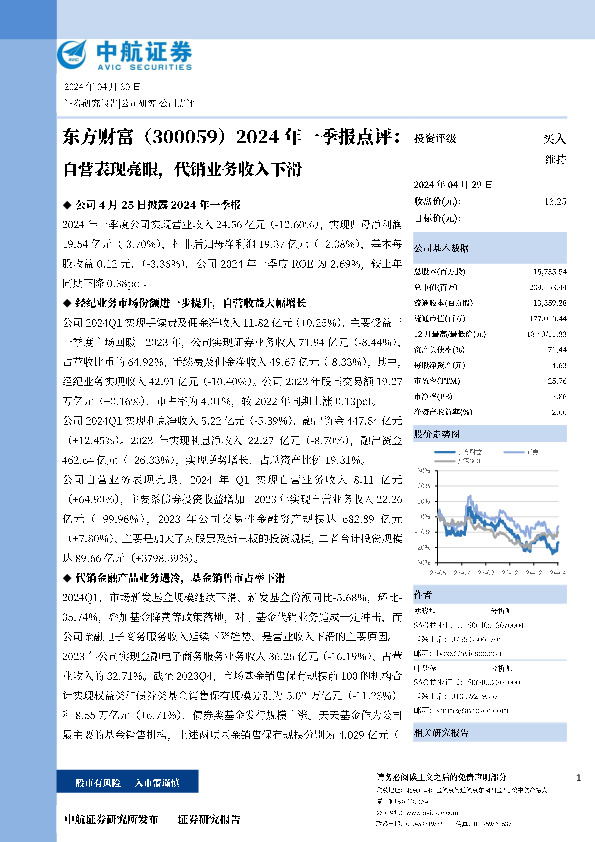 2024年一季报点评：自营表现亮眼，代销业务收入下滑