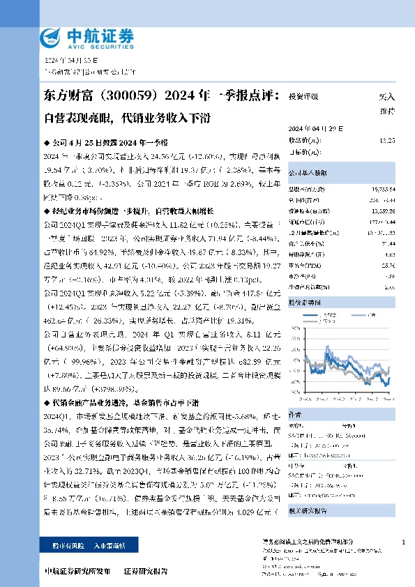 2024年一季报点评：自营表现亮眼，代销业务收入下滑