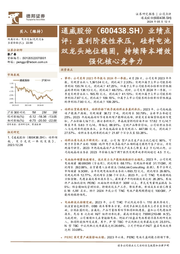 业绩点评：盈利阶段性承压，硅料电池双龙头地位稳固，持续降本增效强化核心竞争力