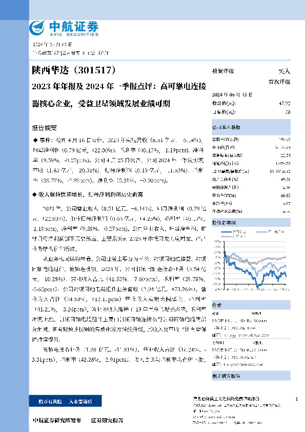 2023年年报及 2024年一季报点评：高可靠电连接器核心企业，受益卫星领域发展业绩可期