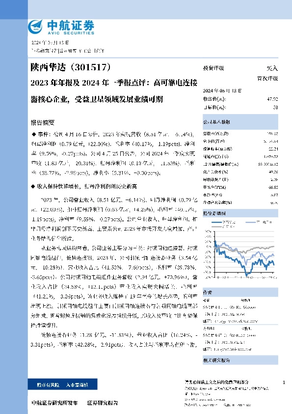 2023年年报及 2024年一季报点评：高可靠电连接器核心企业，受益卫星领域发展业绩可期