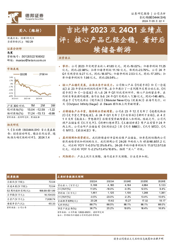 吉比特2023及24Q1业绩点评：核心产品已经企稳，看好后续储备新游