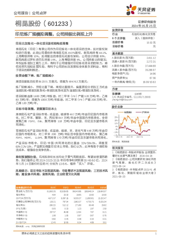 印尼炼厂规模拟调整，公司持股比例拟上升