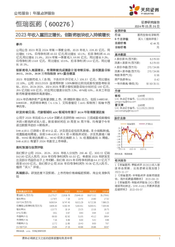 2023年收入重回正增长，创新药板块收入持续增长