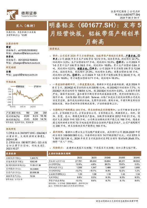 发布5月经营快报，铝板带箔产销创单月新高