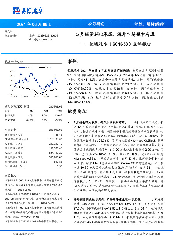 点评报告：5月销量环比承压，海外市场稳中有进