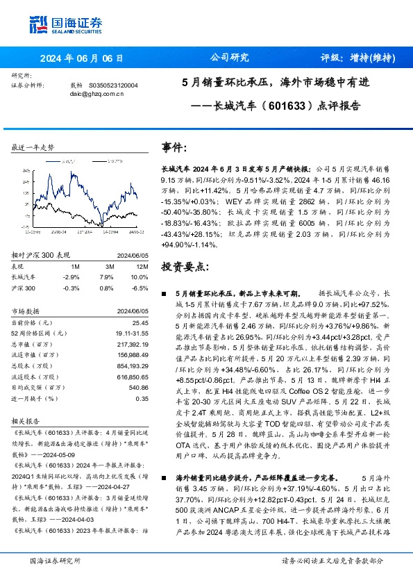 点评报告：5月销量环比承压，海外市场稳中有进
