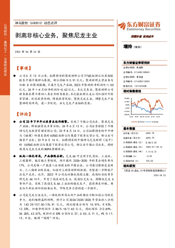 动态点评：剥离非核心业务，聚焦尼龙主业