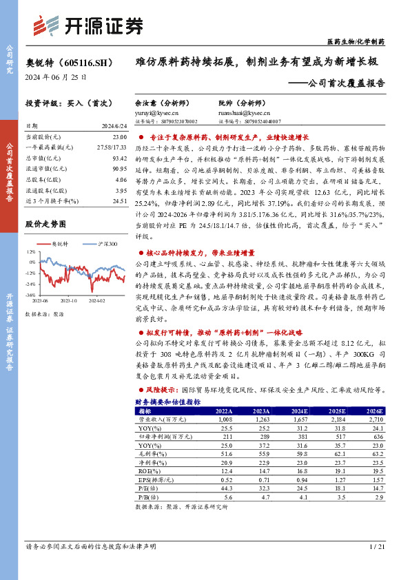 公司首次覆盖报告：难仿原料药持续拓展，制剂业务有望成为新增长极
