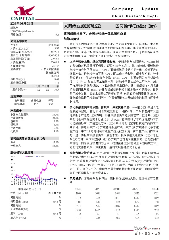 浆强纸弱格局下，公司林浆纸一体化韧性凸显