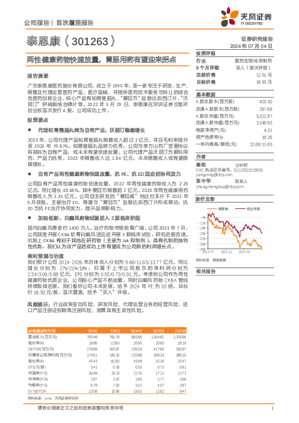 两性健康药物快速放量，胃肠用药有望迎来拐点