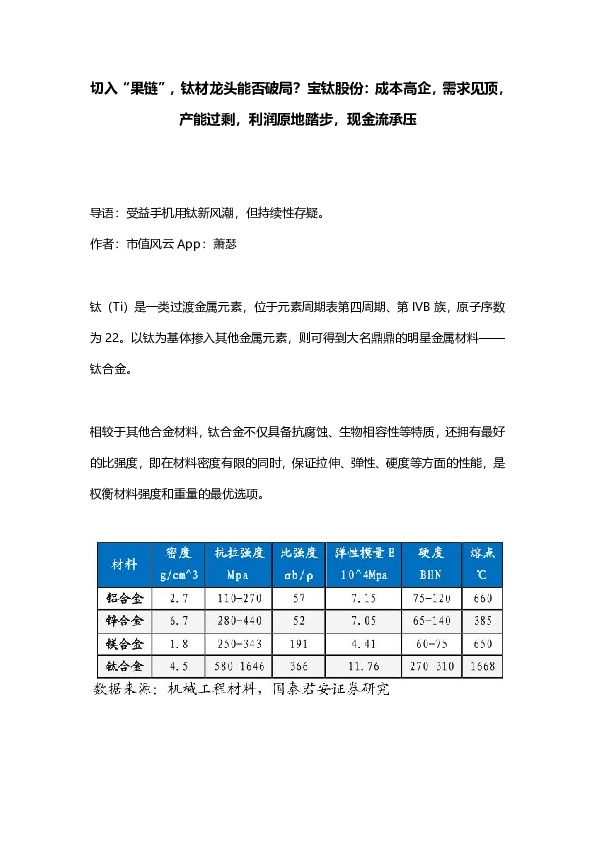 切入“果链”，钛材龙头能否破局？宝钛股份：成本高企，需求见顶，产能过剩，利润原地踏步，现金流承压
