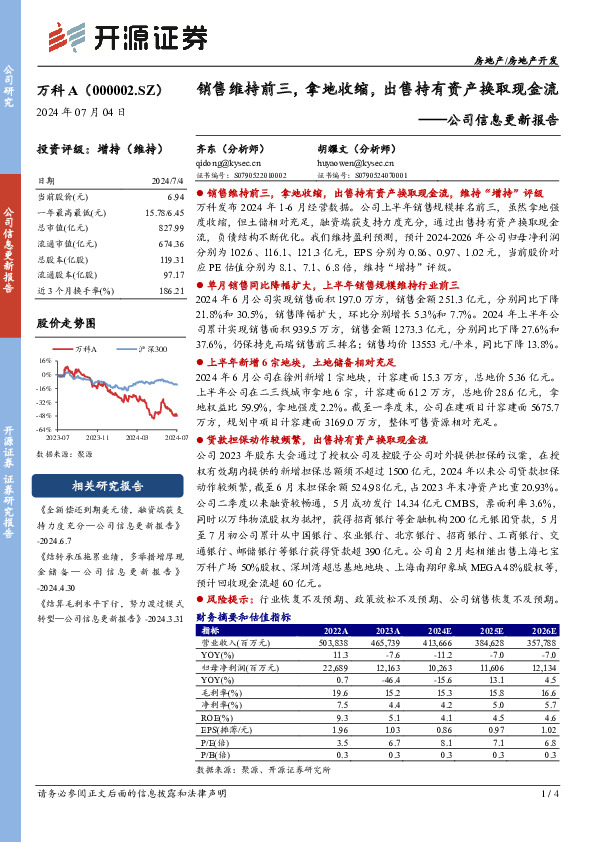 公司信息更新报告：销售维持前三，拿地收缩，出售持有资产换取现金流