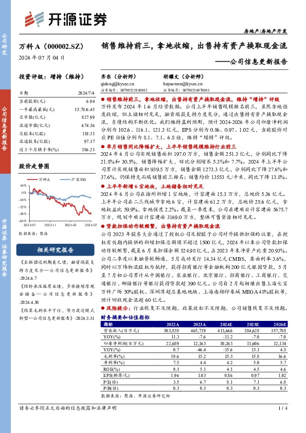 公司信息更新报告：销售维持前三，拿地收缩，出售持有资产换取现金流