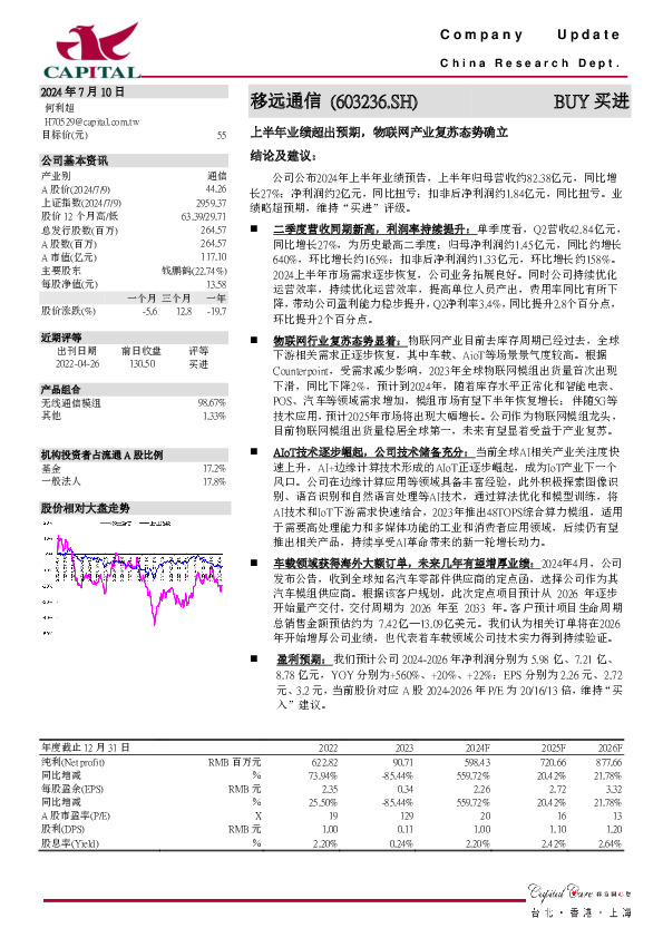 上半年业绩超出预期，物联网产业复苏态势确立