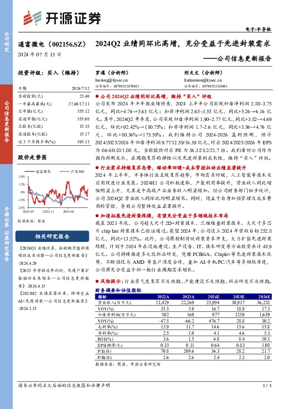 公司信息更新报告：2024Q2业绩同环比高增，充分受益于先进封装需求