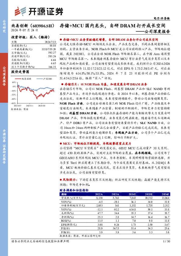 公司深度报告:存储+MCU国内龙头,自研DRAM打开成长空间