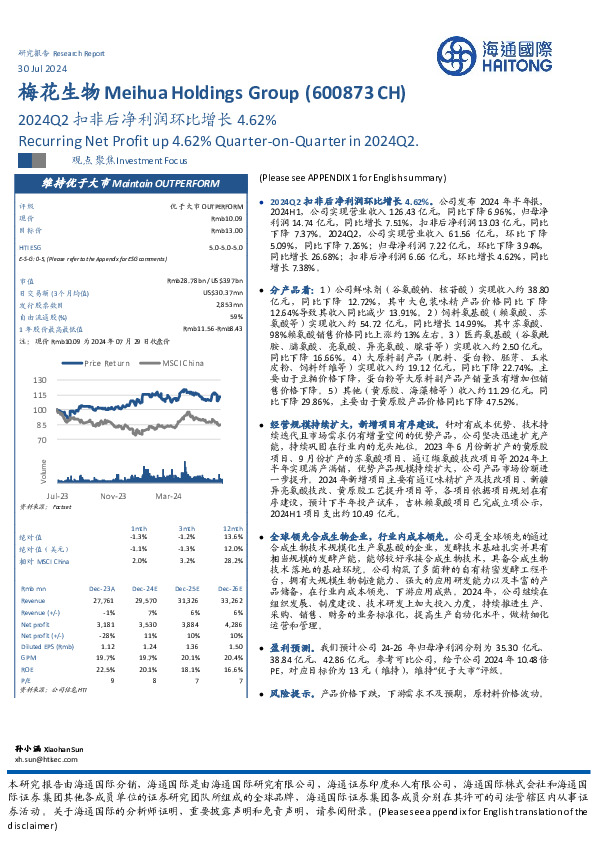 2024Q2扣非后净利润环比增长4.62%