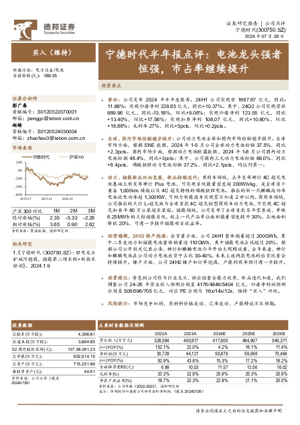 宁德时代半年报点评：电池龙头强者恒强，市占率继续提升