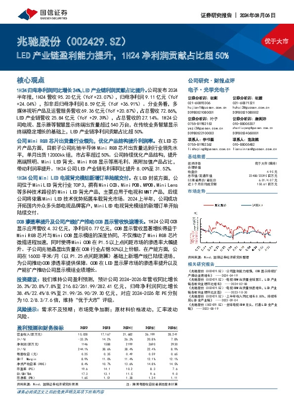 LED产业链盈利能力提升，1H24净利润贡献占比超50%