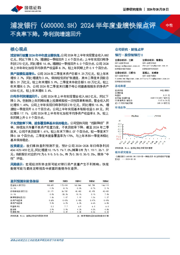 2024半年度业绩快报点评：不良率下降，净利润增速回升