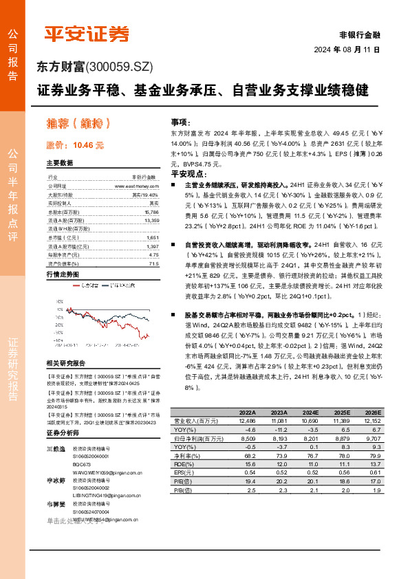 证券业务平稳、基金业务承压、自营业务支撑业绩稳健