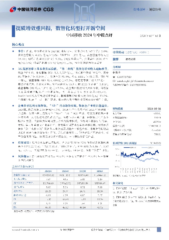 中国移动2024年中报点评：提质增效重回报，数智化转型打开新空间