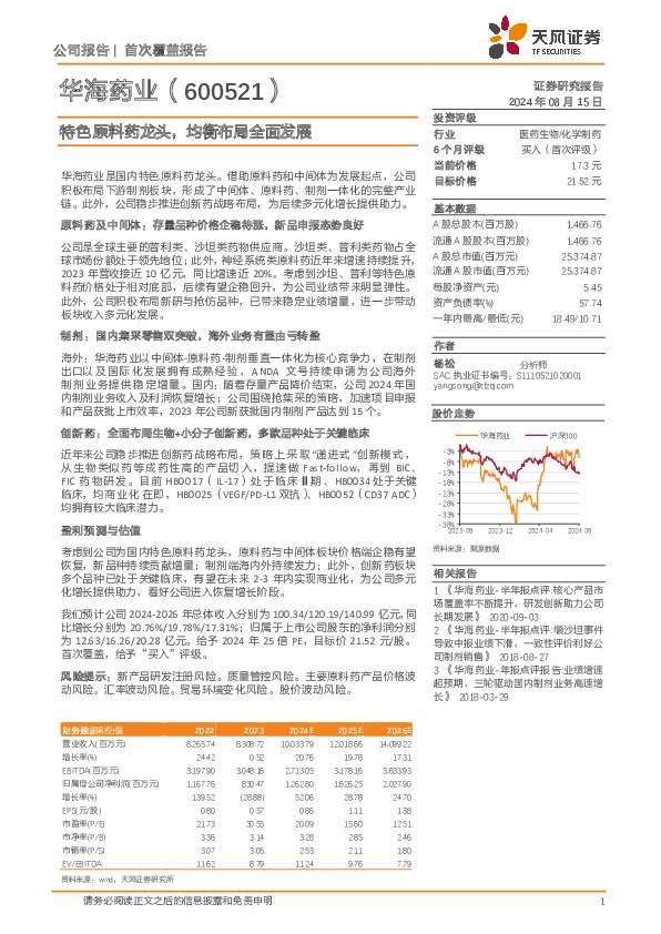 特色原料药龙头，均衡布局全面发展