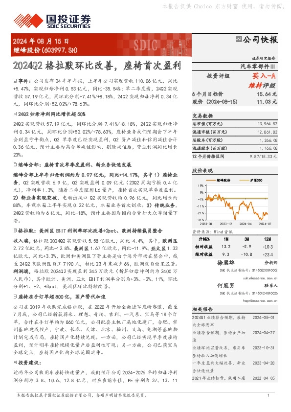 2024Q2格拉默环比改善，座椅首次盈利