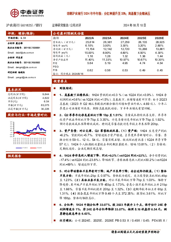 详解沪农商行2024年半年报：分红率提升至33%；高基数下业绩承压