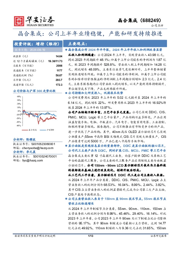 晶合集成：公司上半年业绩稳健，产能和研发持续推进