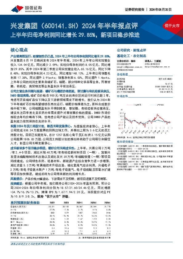 2024年半年报点评：上半年归母净利润同比增长29.85%，新项目稳步推进