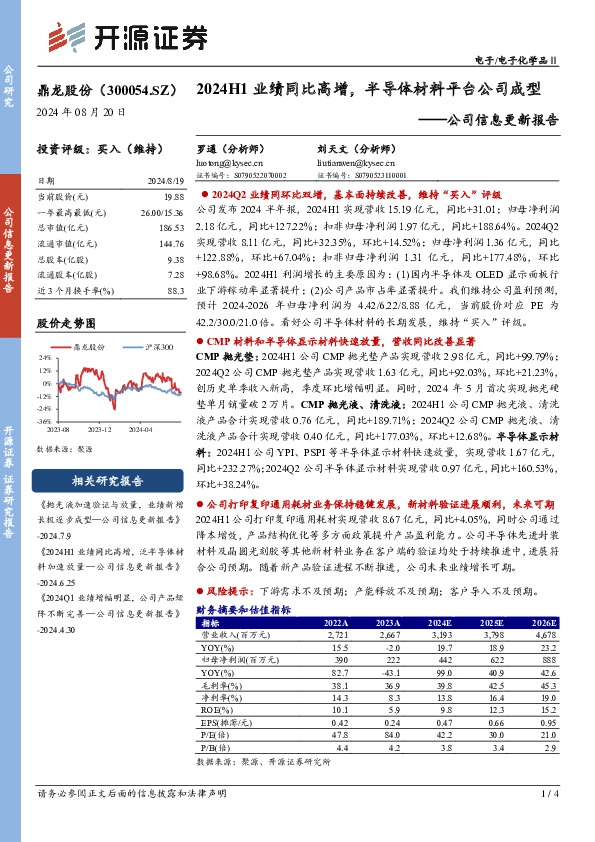 公司信息更新报告：2024H1业绩同比高增，半导体材料平台公司成型